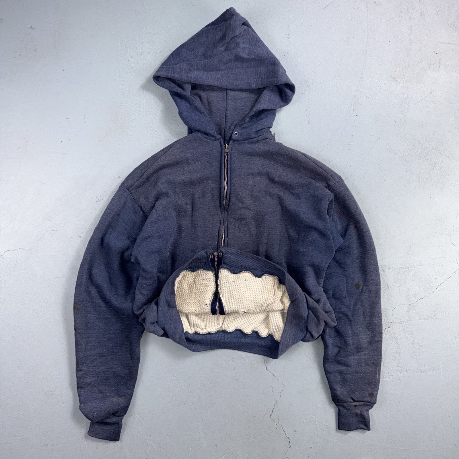 Blue Healthknit Zip Up Hoodie Vintage 80s 90s Thermal Lined USA 2XL Thrashed