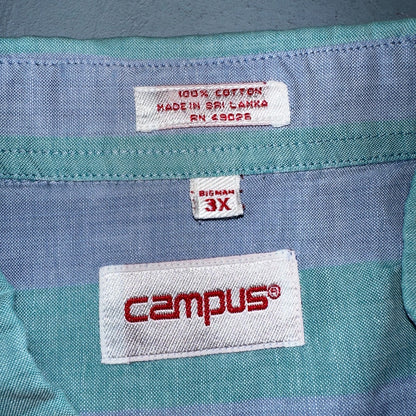VTG 80s Campus Blue Green Boxy 3XL Short Sleeve Button Up Shirt Preppy Striped