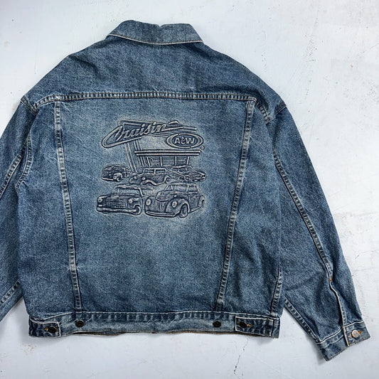 Crusin USA Cars Vintage 1980s Embossed Men's Denim Jacket Sz L Trucker Muscle