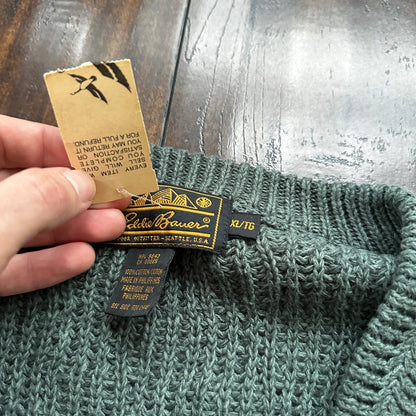VTG Eddie Bauer Chunky Outdoor Green Knit Sweater M 90s Preppy Cardigan V Neck
