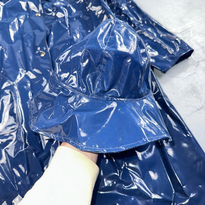 Liliput Womens Blue Trench Raincoat + Bucket Hat Polyester Rubber Vinyl 70s VTG
