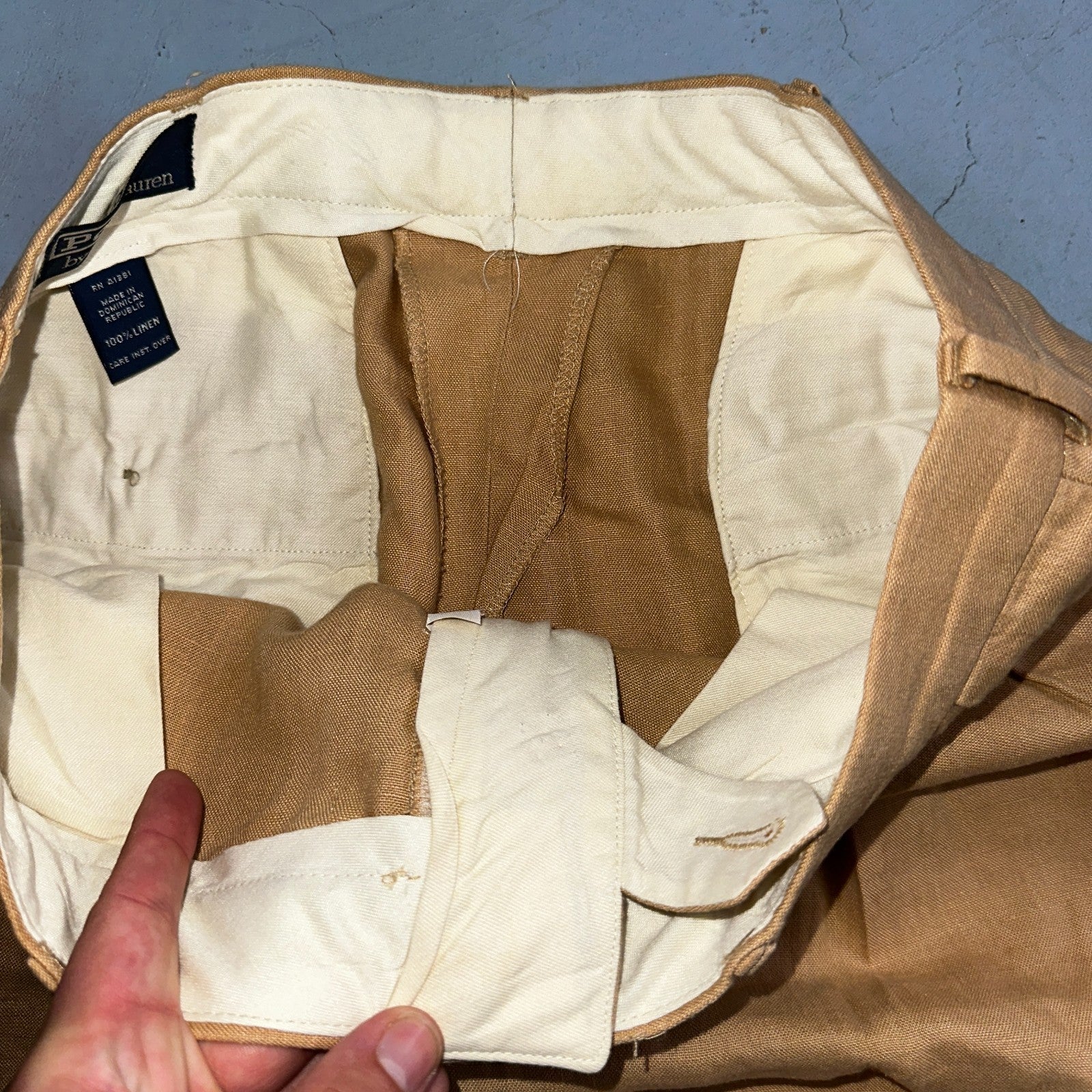 Polo Ralph Lauren 34x34 Brown Linen Pleated High Waist Mens Pants VTG 90s Beige