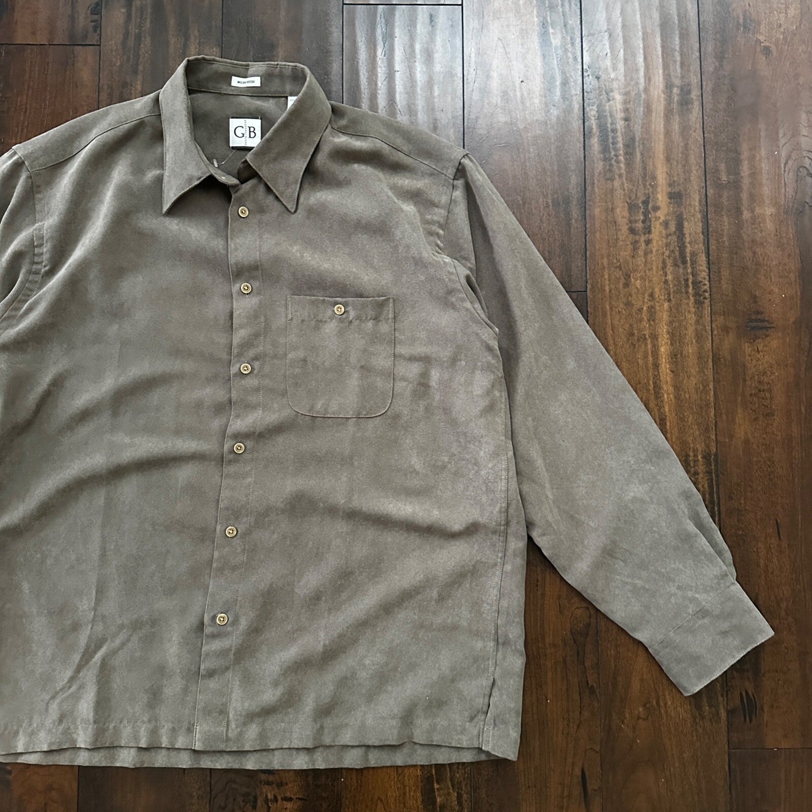 Vtg Geoffrey Beene Mens Micro Suede Long Sleeve Button Up grey/olive  Sz L