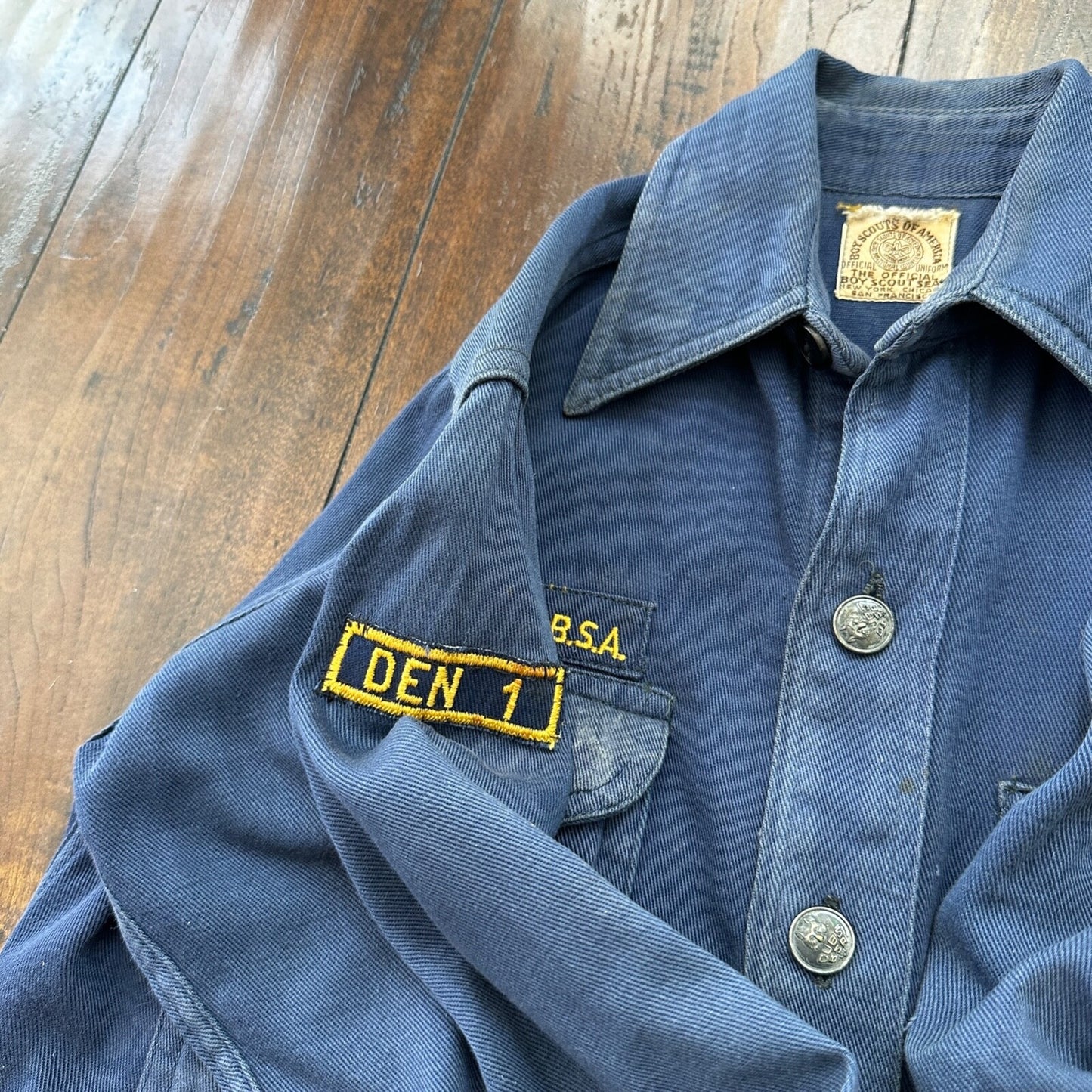 Vintage 60s BSA Boy Scouts Cub Shirt Blue Button Up Uniform Flawed Pins