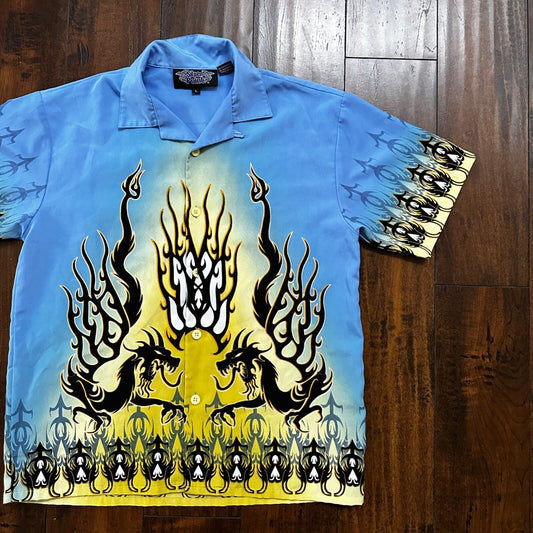 VTG Y2K Silver Point Blue Tribal Button Down Shirt Size L 1980s Ricky Trailer