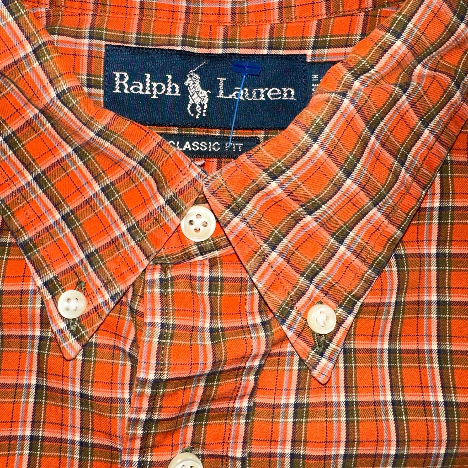 Ralph Lauren Classic Fit Button Down VTG Shirt Mens 2XL Orange Plaid Blue Label