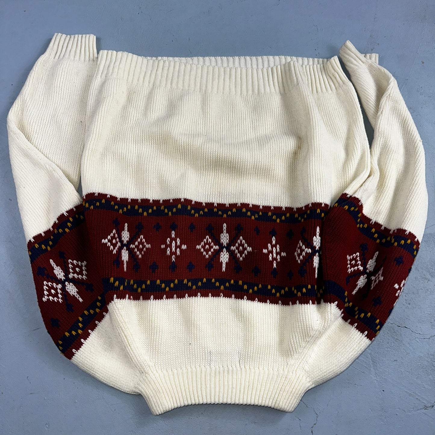 VTG 70s JC Penney Retro Mens Large Nordic Snowflake Ski Sweater White Holiday