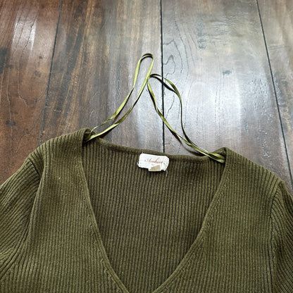 Ambiance Womens Medium Army Green Long Sleeve Crop Top V Neck Cute T Shirt