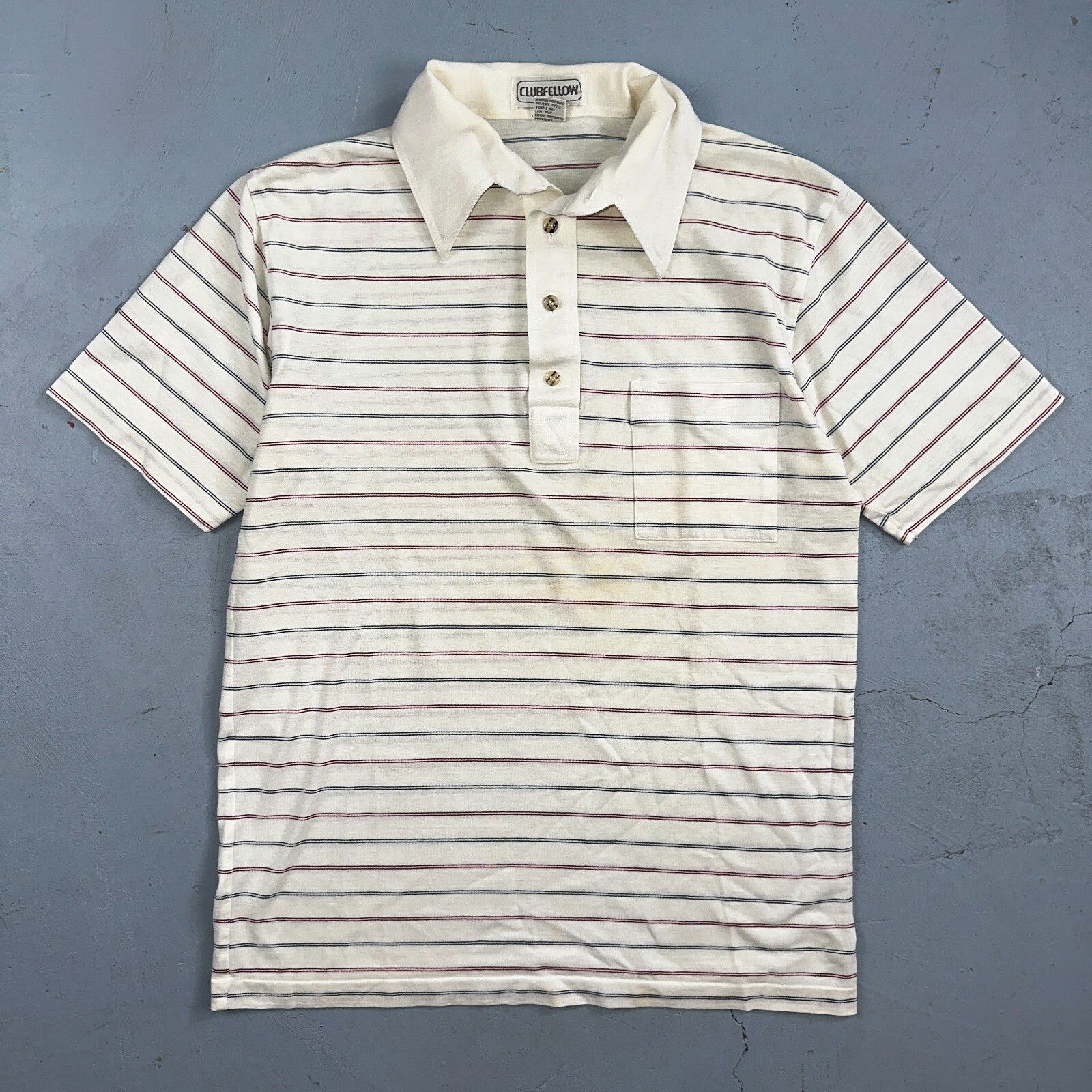 Striped 1980s Polo VTG T Shirt 80s Club Fellow White Stained Simple Tee