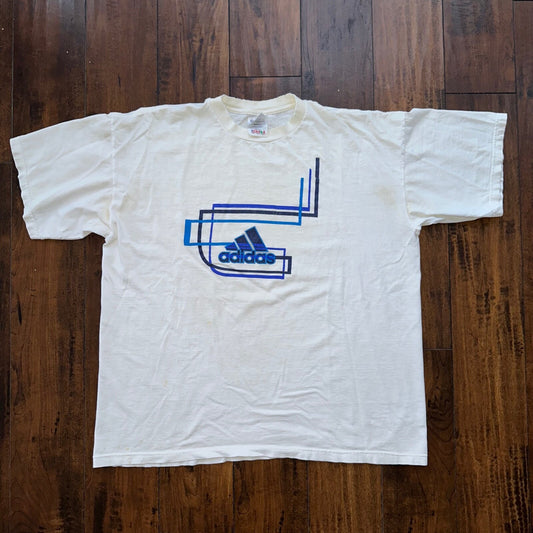 Adidas White Short Sleeve Vintage T Shirt Logo Thrashed 90s Y2K Cut Torn Rap
