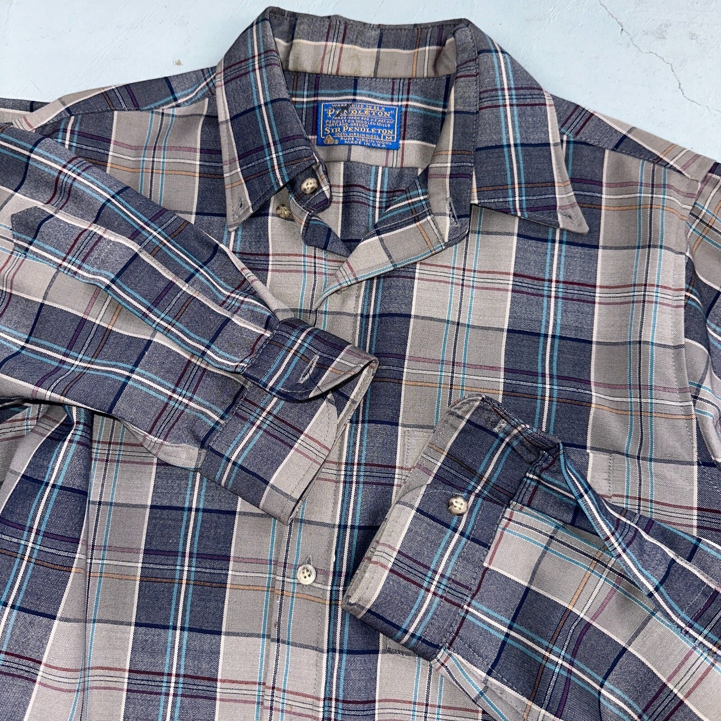 Pendleton Shirt M Blue VTG Virgin Wool Preppy Fireside 60s 70s Outdoors Mens