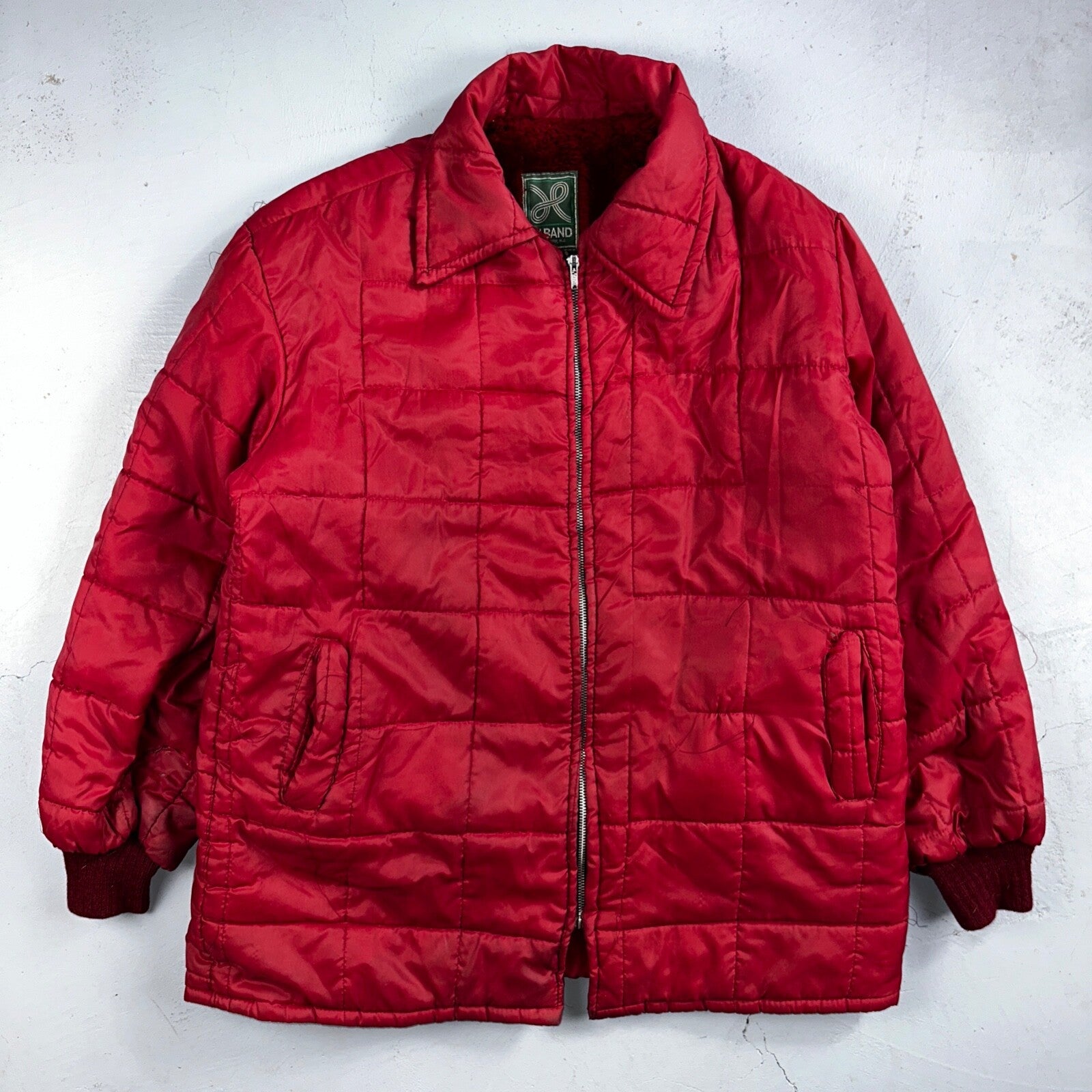 Haband Jacket Mens Red Barn Chore Puffer Coat Hood Zip Up Scovill 70s Fur Lined