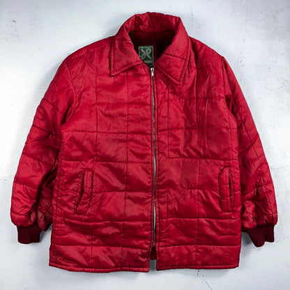 Haband Jacket Mens Red Barn Chore Puffer Coat Hood Zip Up Scovill 70s Fur Lined