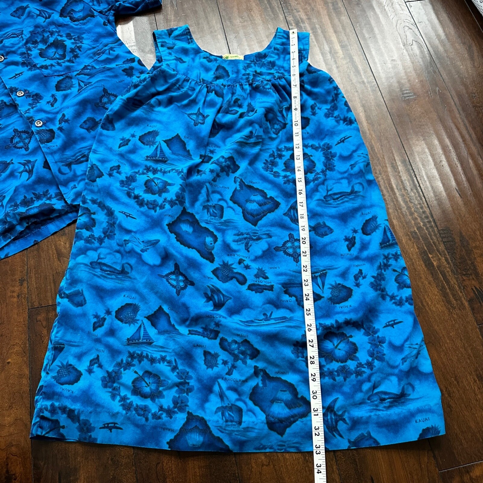 Ui-Maikai Vintage 1960s Barkcloth Blue Hibiscus Dress And Shirt Rockabilly Rare