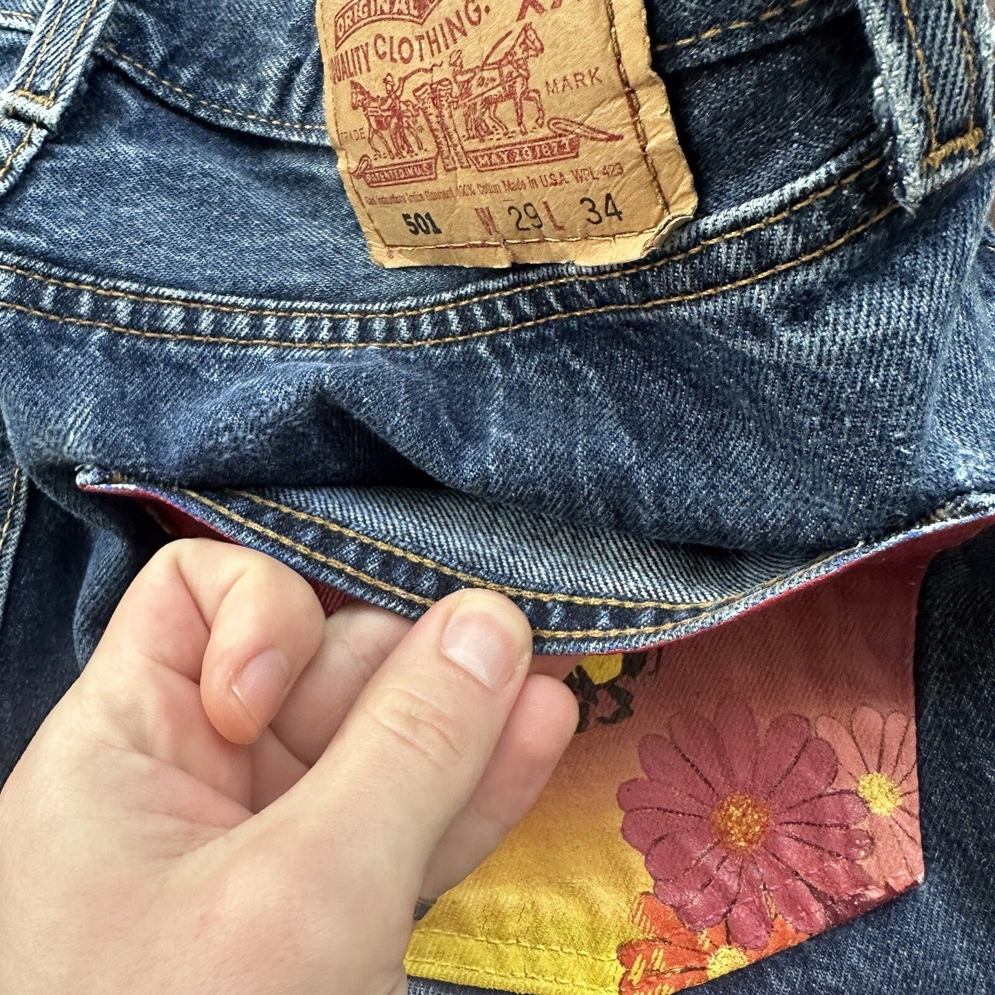 Vintage 90s Levis 501 29x34 USA Blue Denim Jeans Act 27x29 Med Wash Custom Bee