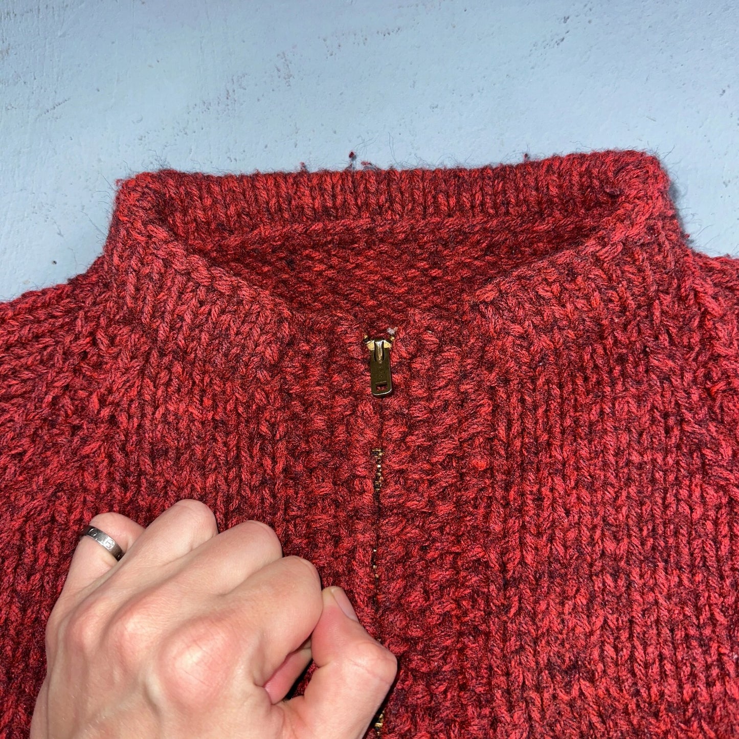 VTG Sweater Mens L Red Cable Knit Ribbed Full Zip 1950s Rockabilly Talon Rare