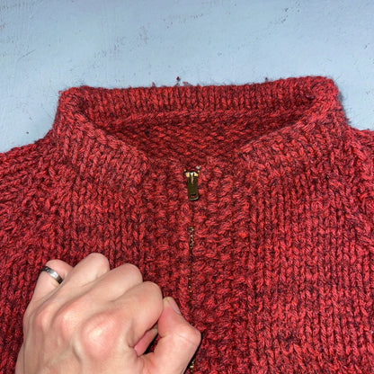 VTG Sweater Mens L Red Cable Knit Ribbed Full Zip 1950s Rockabilly Talon Rare