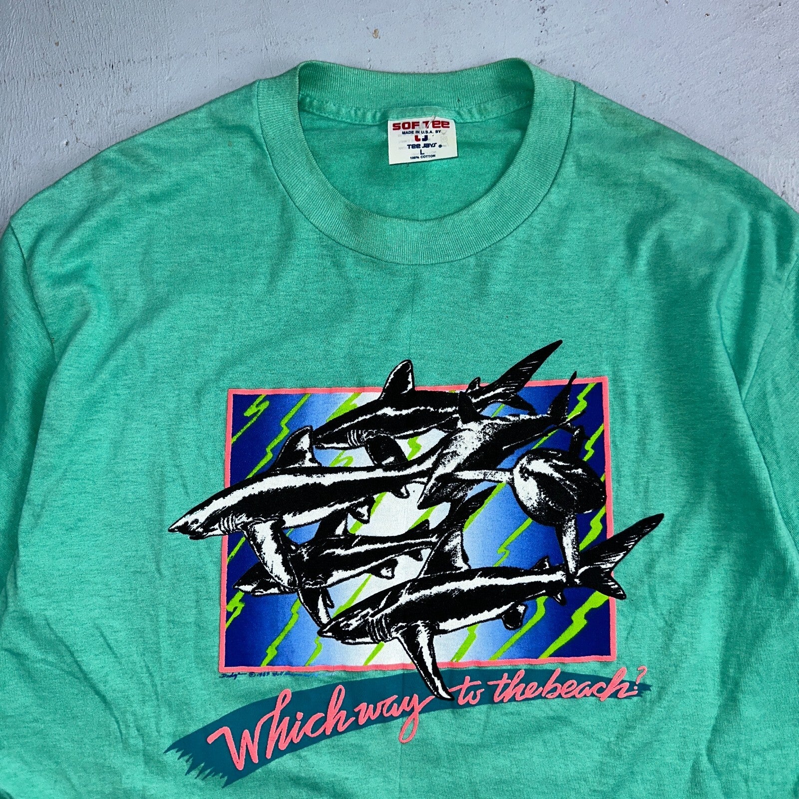Sharks Great White 80s VTG T Shirt Single Stitch Which Way Beach Funny Art Graph