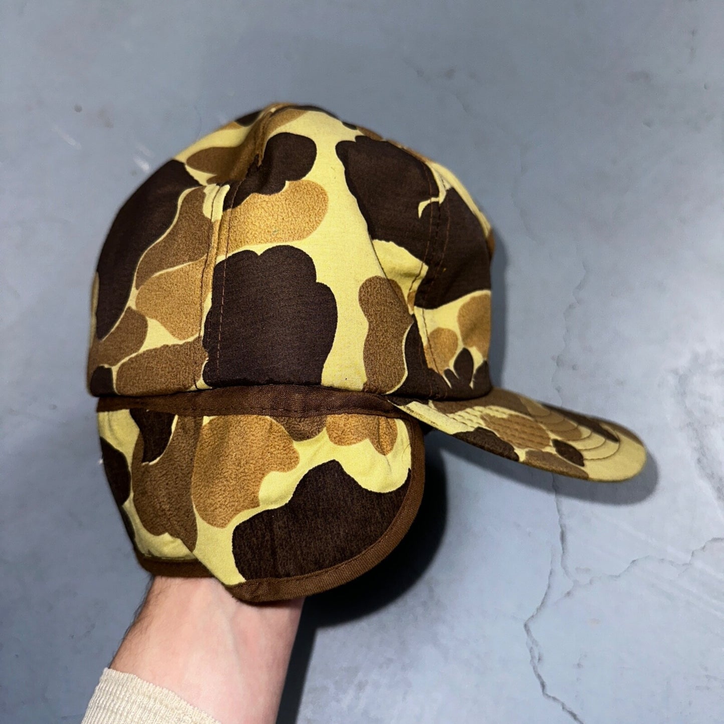 Goretex Duck Camo Hat w/ Earflaps Cap Dunn Large VTG Hunting Thinsulate 90s