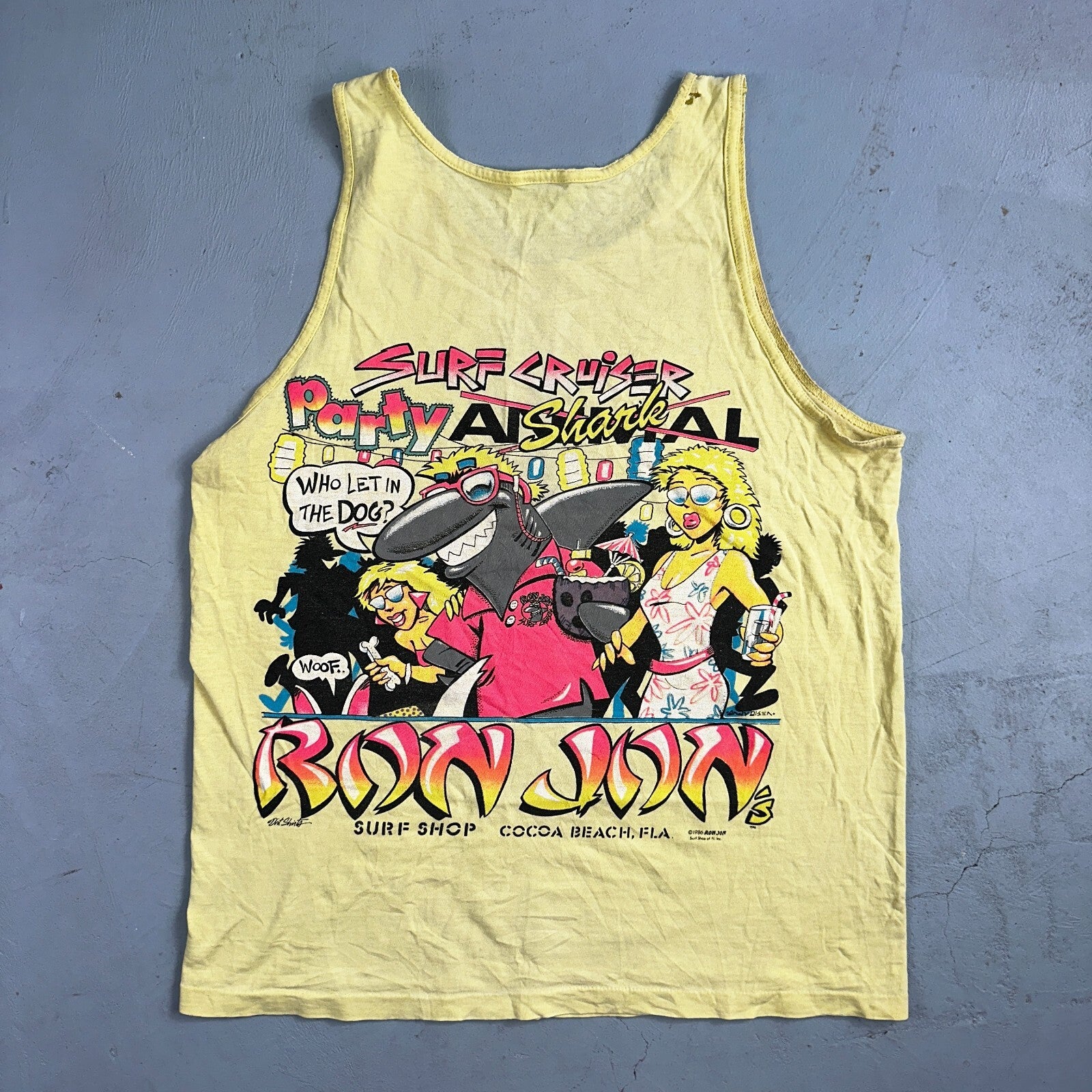 VTG 90s Ron Jons Surf Shop Tank Shirt Yellow Shark Ski Doo Cartoon USA Hot Girl