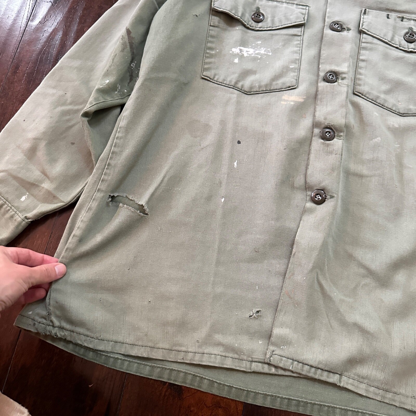 VTG US Thrashed Soft Military Shirt OG-107 Vietnam 1970s 1960s Post WWII