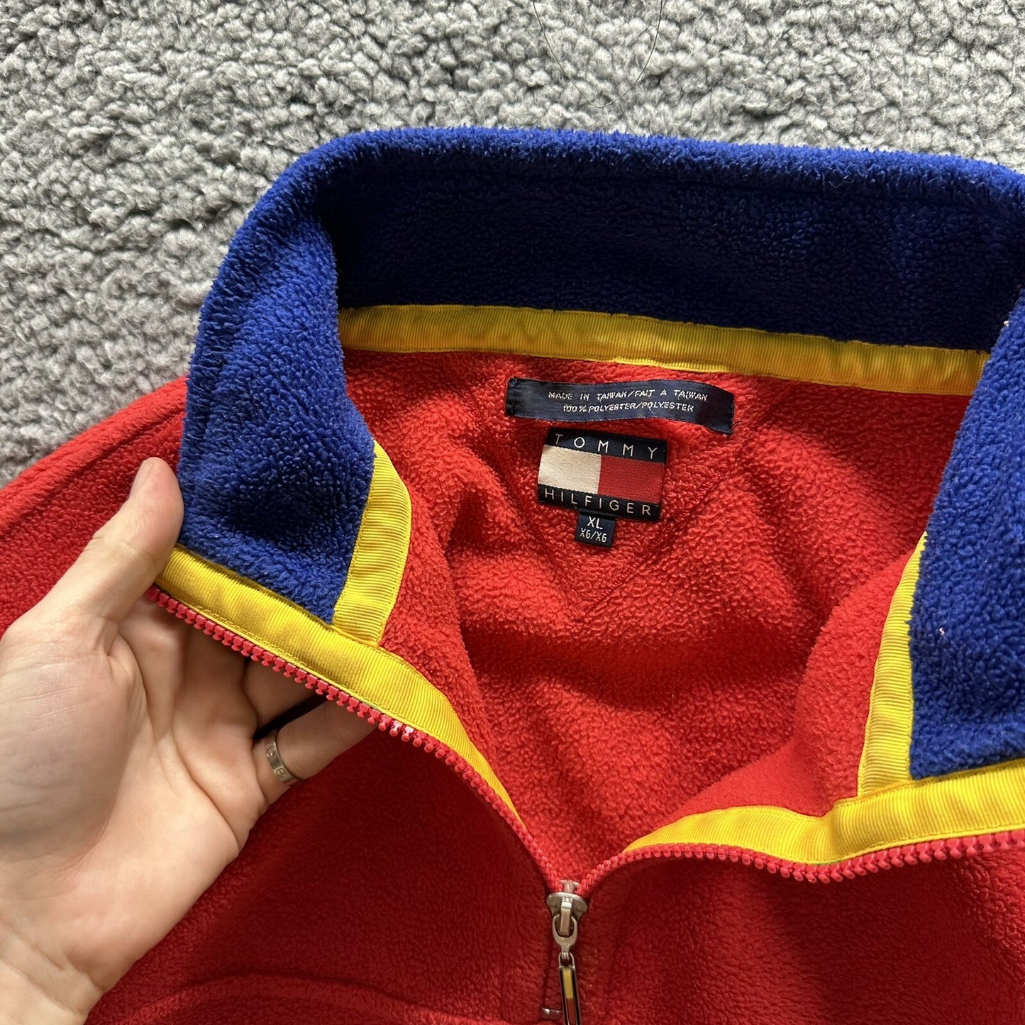Tommy Hilfiger Logo Quarter Zip Fleece Vintage Red Pullover Jacket 80s 90s Rare