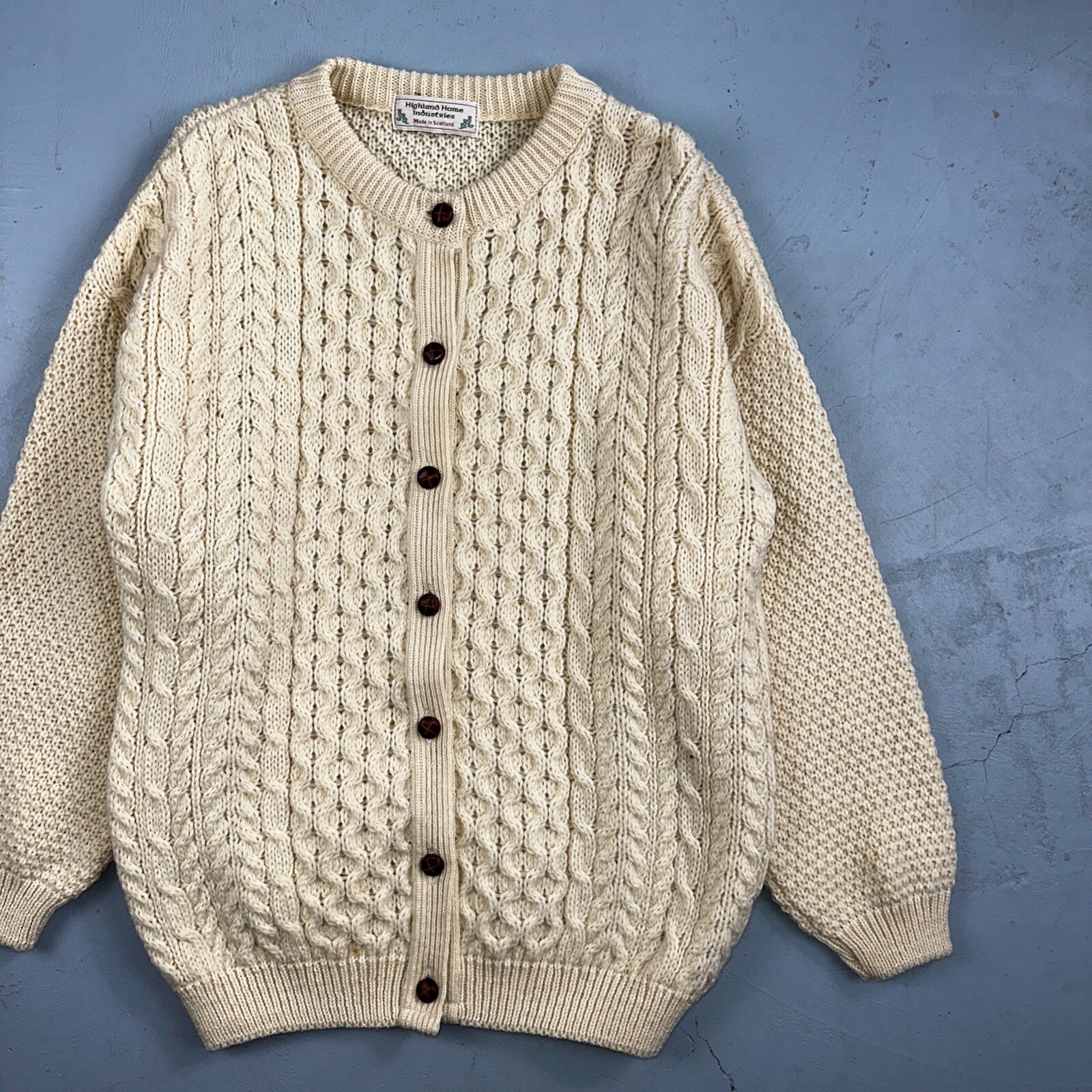 Highland Home Industries Cardigan Sweater VTG 70s Large Cable Knit Scotland Wool