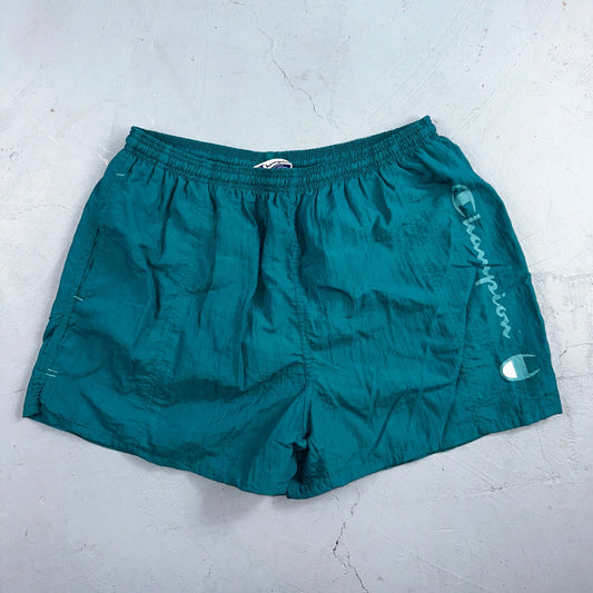 Vintage Champion Men’s Spell Out Nylon Shorts Logo Gym Active Green Size L 90s