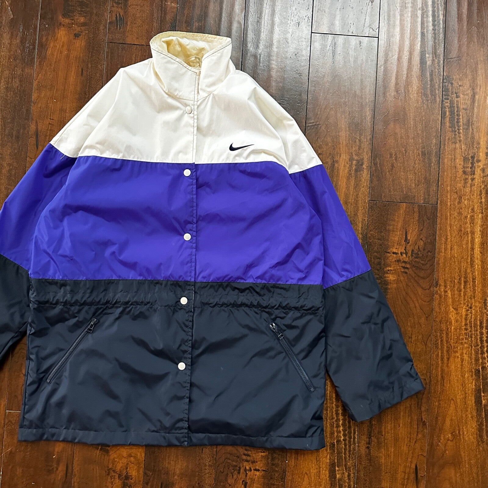 VTG Nike Jacket Mens M Windbreaker Colorblock Purple Black Big Swoosh Logo 90s
