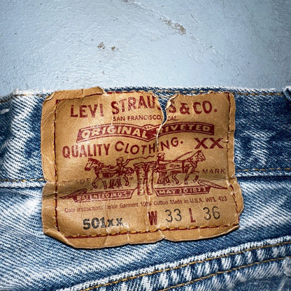 Levis 501 Vintage 90s USA XX Straight Leg Jeans 33x36 Light Wash Act 30x30