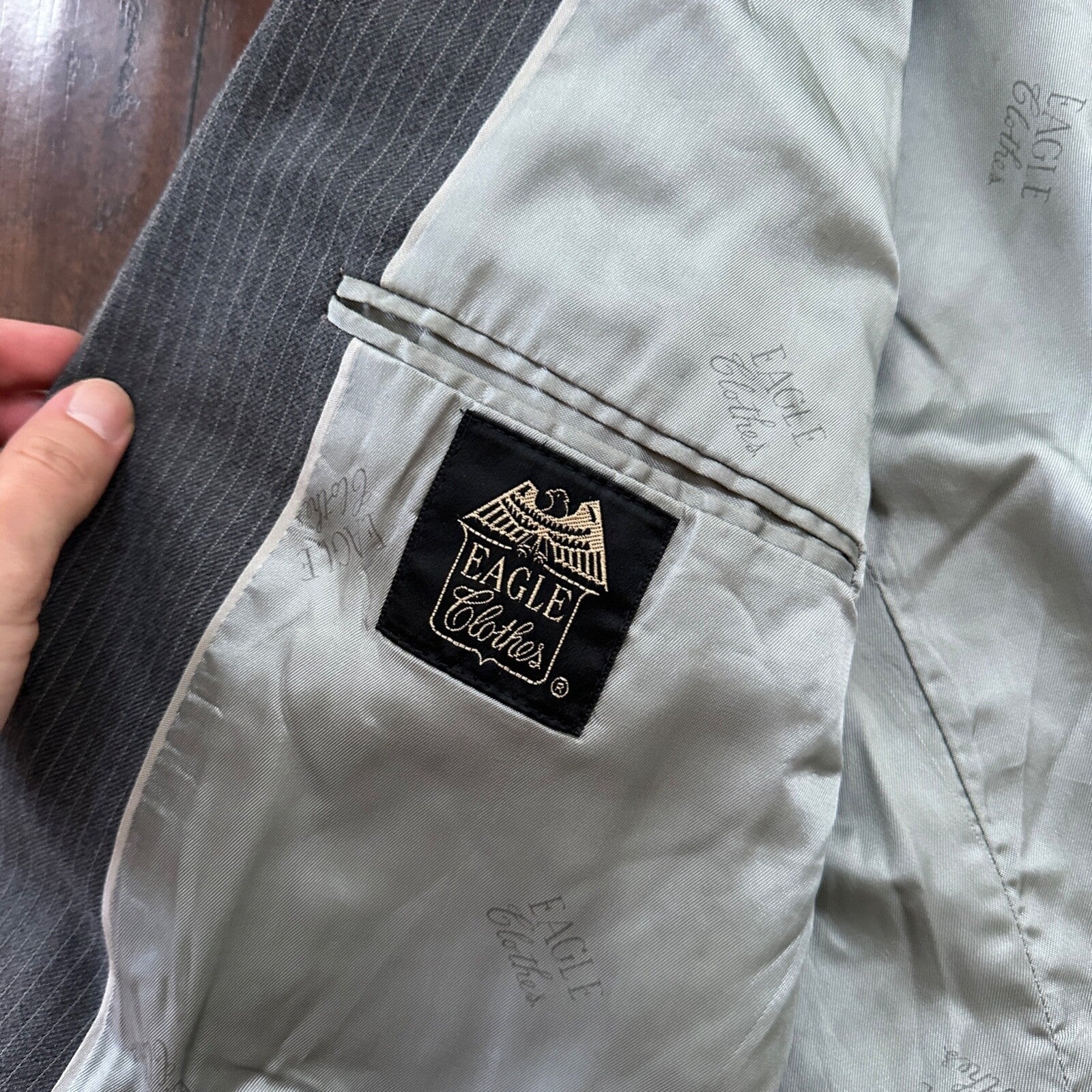 Vtg USA Eagles Pinstripe Mens Gray Wool 3 Pc Suit 42 Vest 33x30 1980s Vest