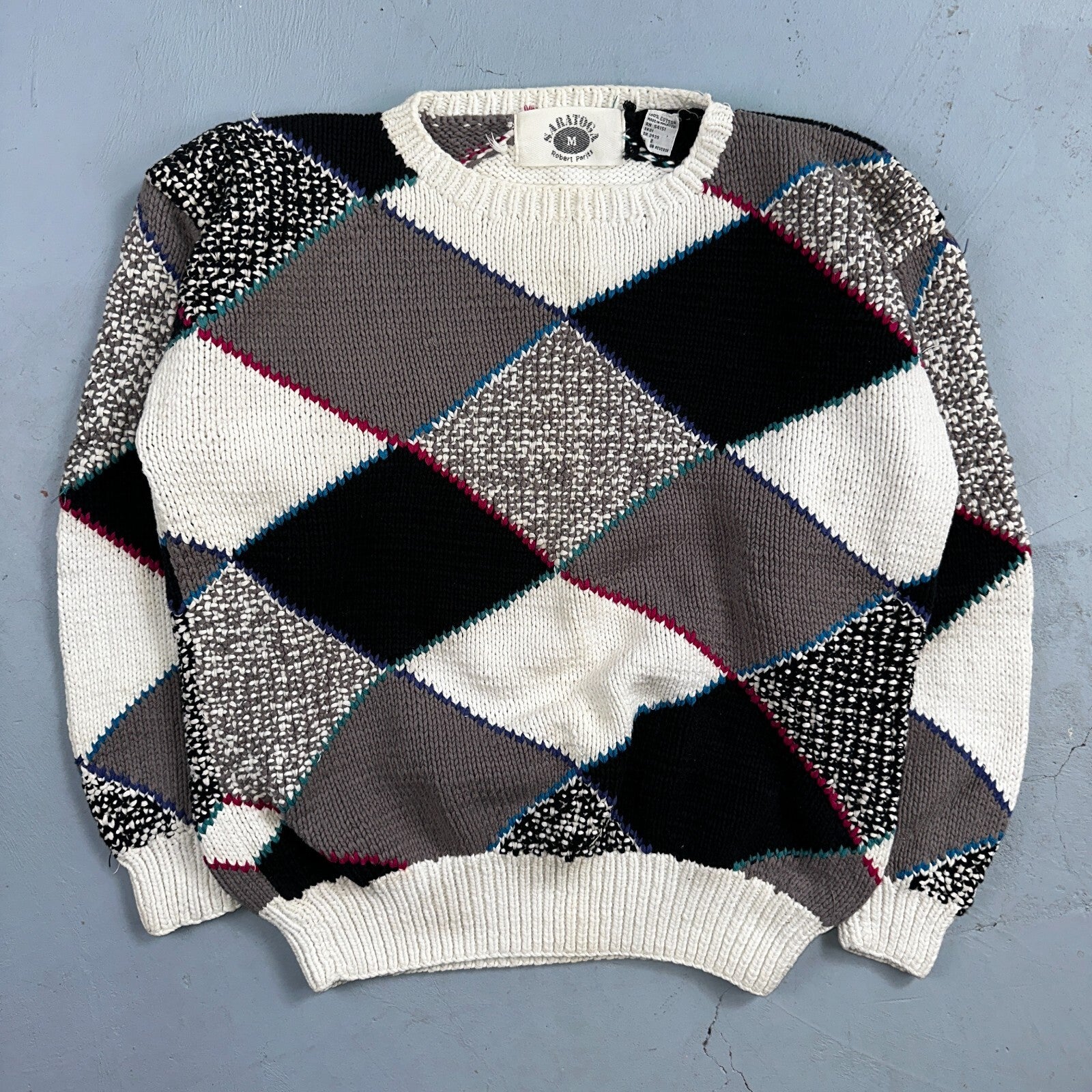 Vintage 80s Saratoga Robert Peritz Striped Cotton Cable Knit Golf Sweater Chic