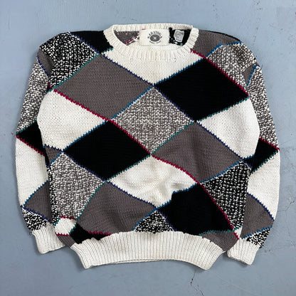 Vintage 80s Saratoga Robert Peritz Striped Cotton Cable Knit Golf Sweater Chic