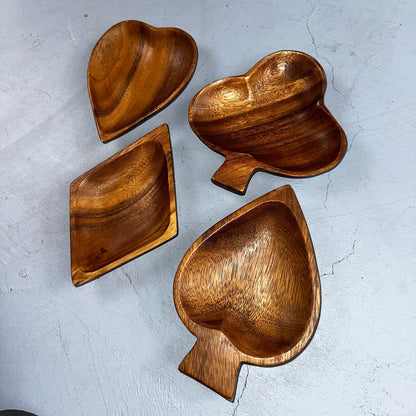 Vintage Monkey Pod Wood Card Playing Suits Candy Snack Dishes 80s Hearts Cute