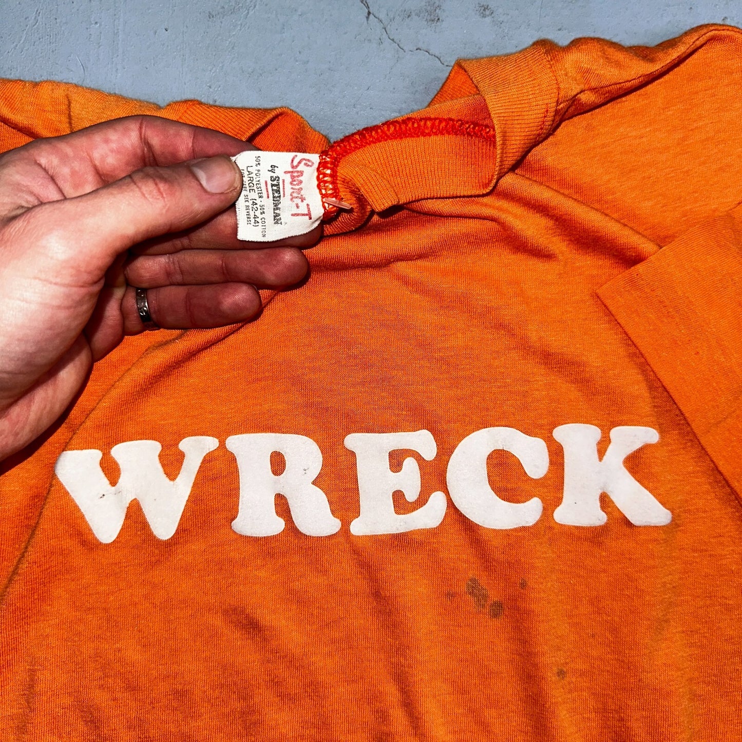 Wreck 1970s Sport VTG T Shirt Letters 70s Number 10 Orange Single Graphic Text