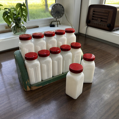 Griffith Milk Glass Spice Jar Set with Wooden Rack USA 1930s Art Deco 12 Pc