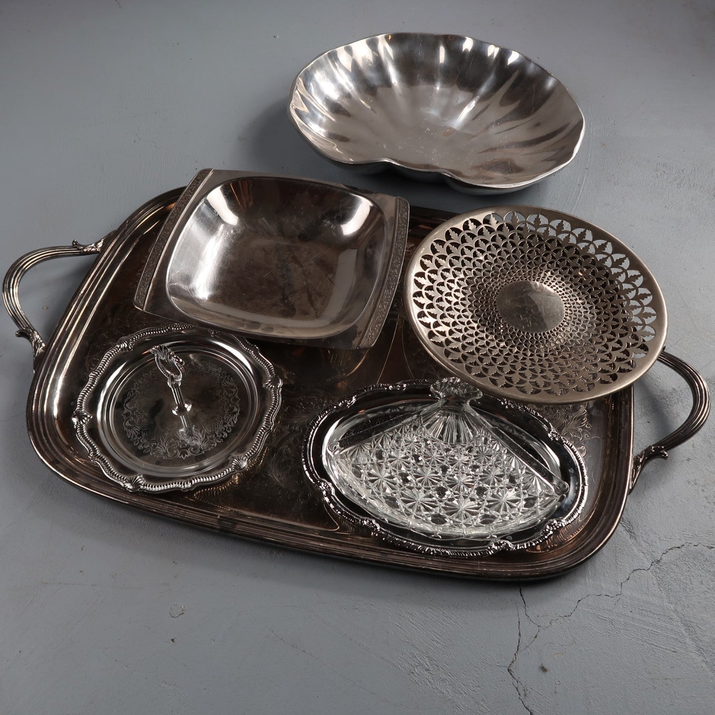 Vintage Baroque Victorian Not Silver Plated Platter Collection Lot Fancy Trays