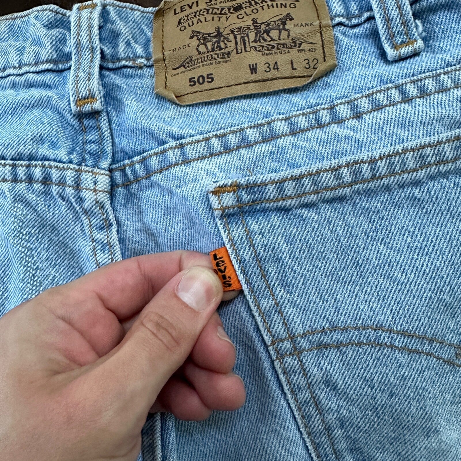 Vintage 80s Levis 505 Light Blue 70s Jeans USA Orange Tab 34x32 Act 31x30