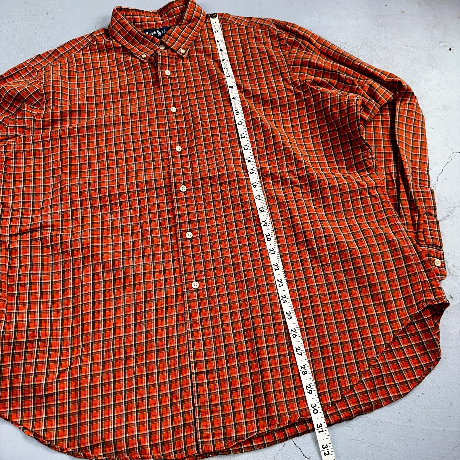 Ralph Lauren Classic Fit Button Down VTG Shirt Mens 2XL Orange Plaid Blue Label