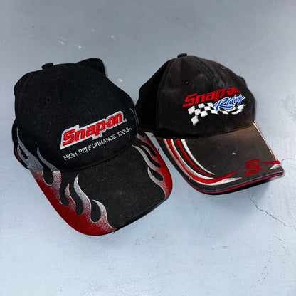 Snap On Racing Lot of 2 VTG Hat Cap Snapback Black Flames Y2K Dirty Cool Cars