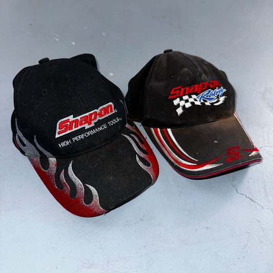 Snap On Racing Lot of 2 VTG Hat Cap Snapback Black Flames Y2K Dirty Cool Cars