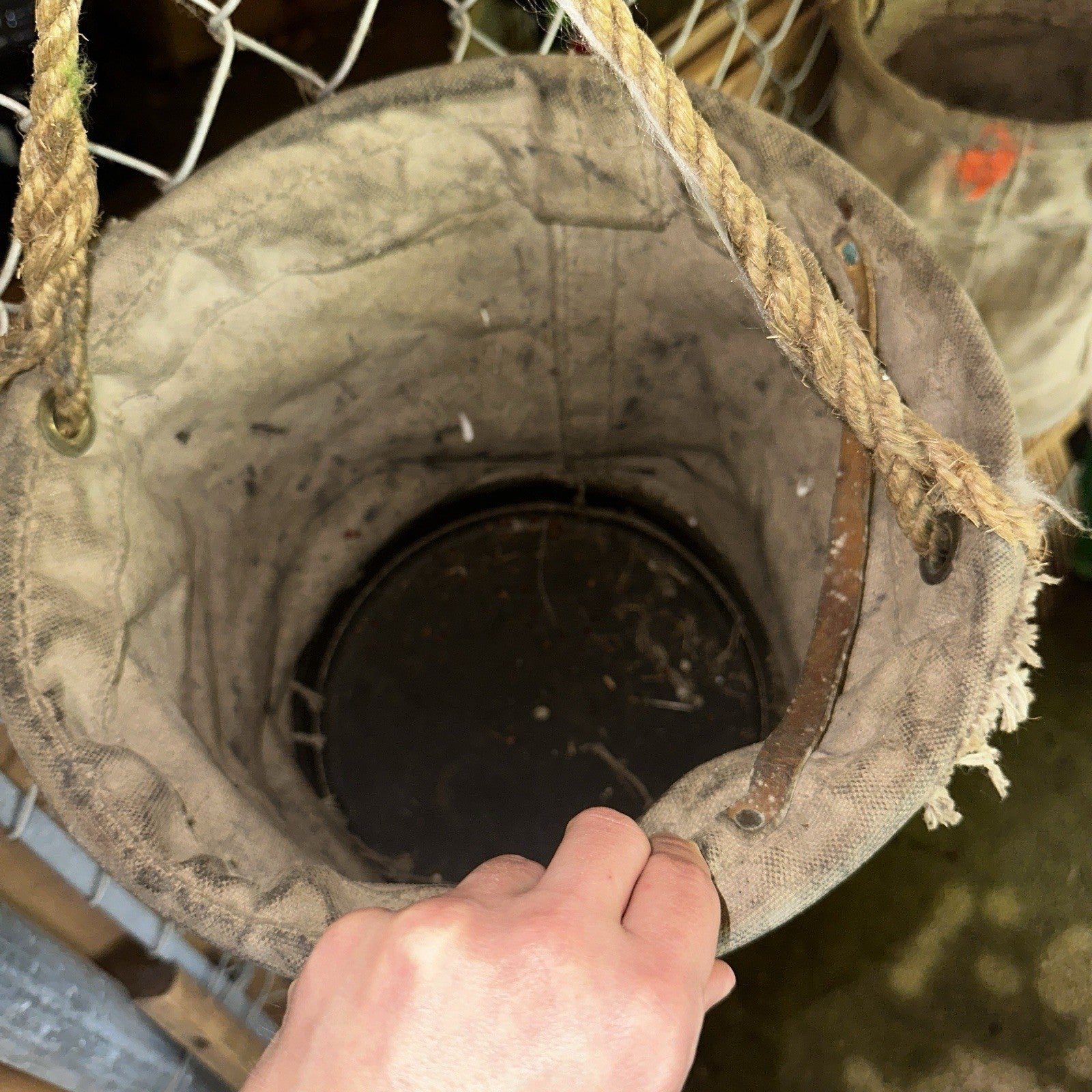 VTG Used Bell System Canvas Bucket Rope Lineman Tool Tote Barn Pulley Antique