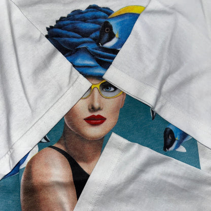 Luxottica Art Eyeglasses 90s VTG T Shirt Glasses White FOTL Fish Graphic Hipster