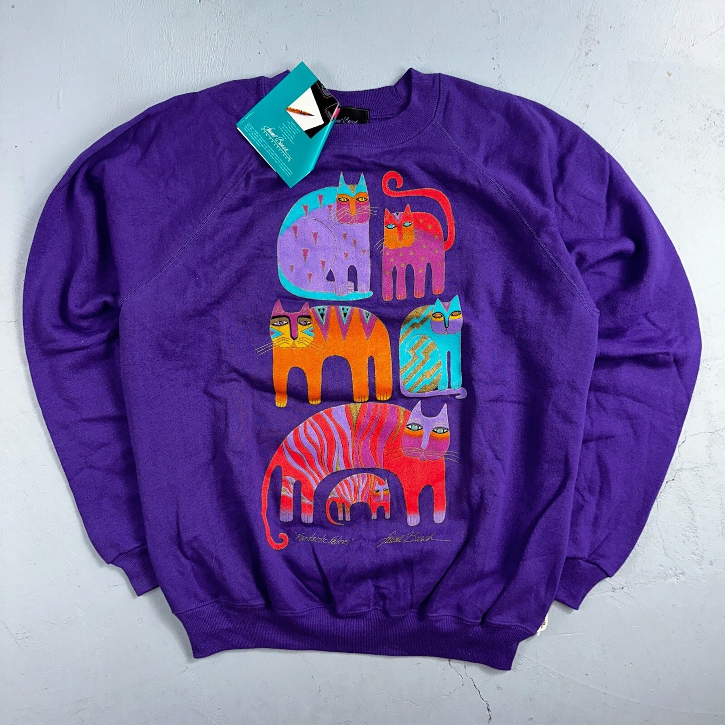 Laurel Burch VTG 1987 Pullover Fantastic Felines Purple Cat Sweatshirt XL NOS