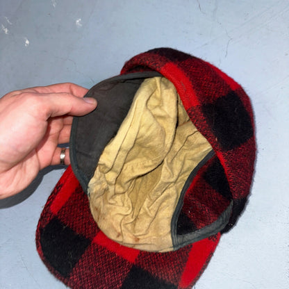 Vintage 1970s Woolrich Buffalo Plaid Red Black Hat with Ear Flaps USA 70s Warm