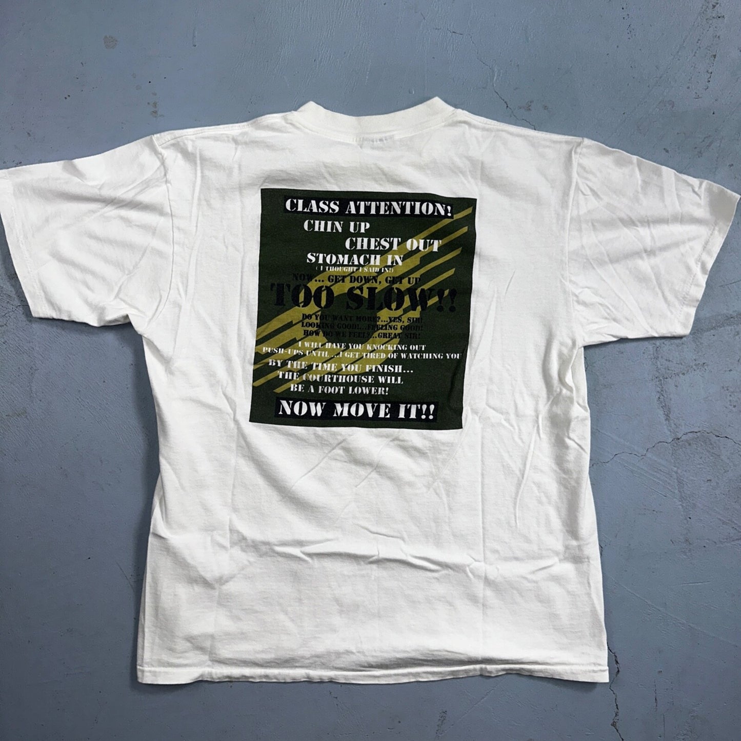 Oneita Boot Camp Aerobics VTG T Shirt Military Too Slow Class Attention USA