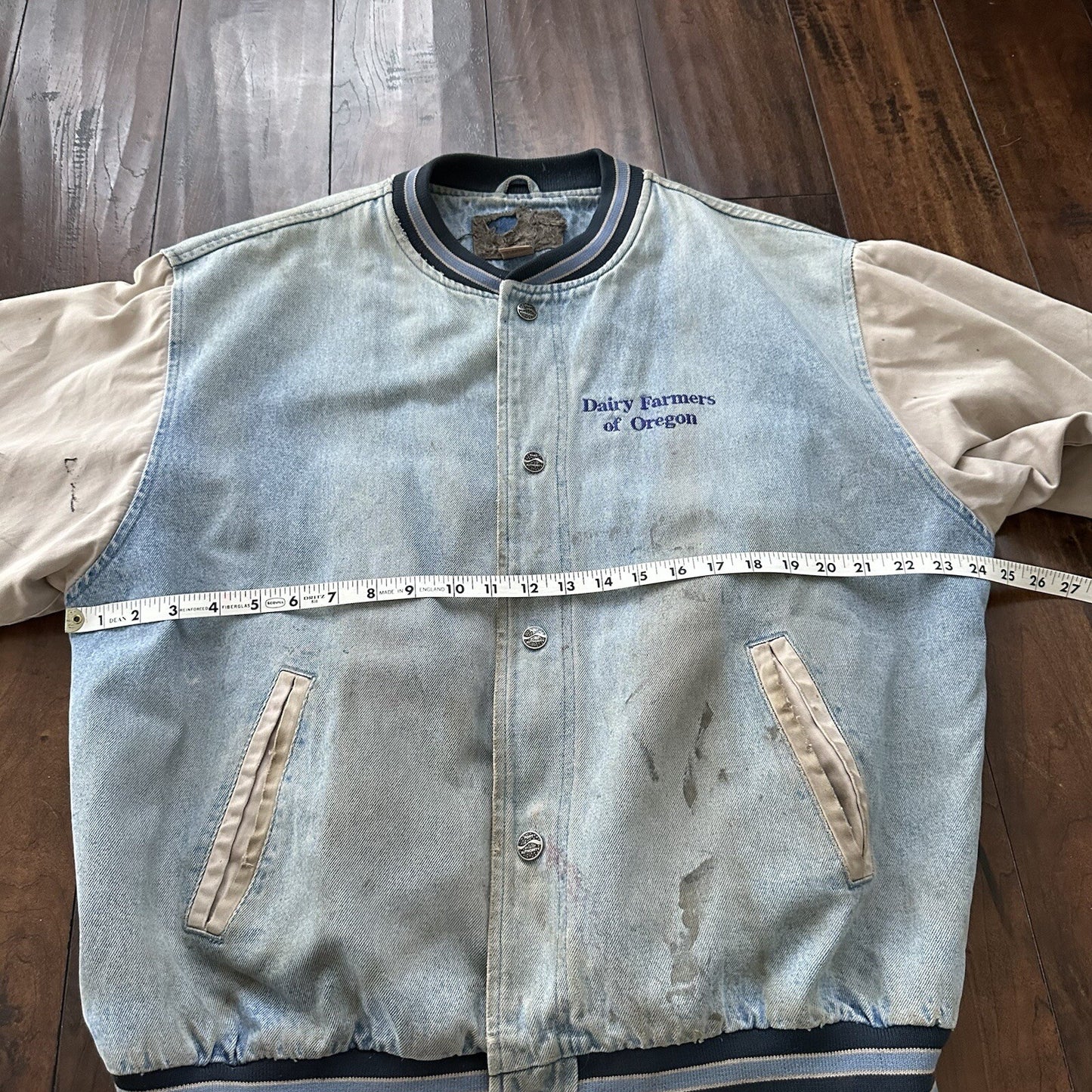 Vintage Oregon 90s Denim Varsity Jacket Bomber Salem Auto NASCAR Racing Thrashed