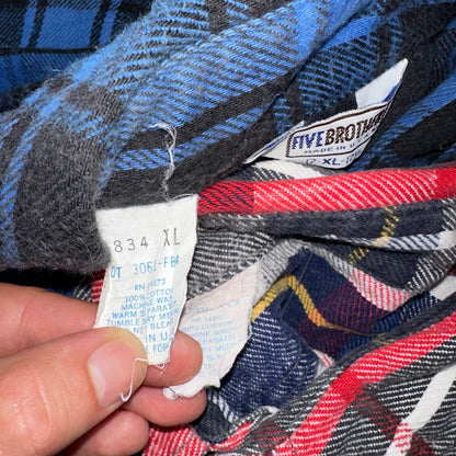 Vintage Five Brother Shirt Mens L Plaid Flannel Made in Black Red 1970s 70s