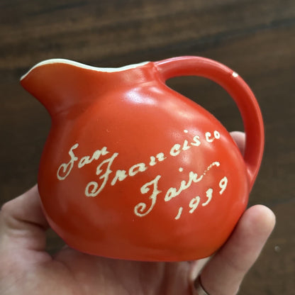 1939 San Francisco WORLD’S FAIR PITCHER Small Tilt  BALL PITCHER Orange 40s 30s