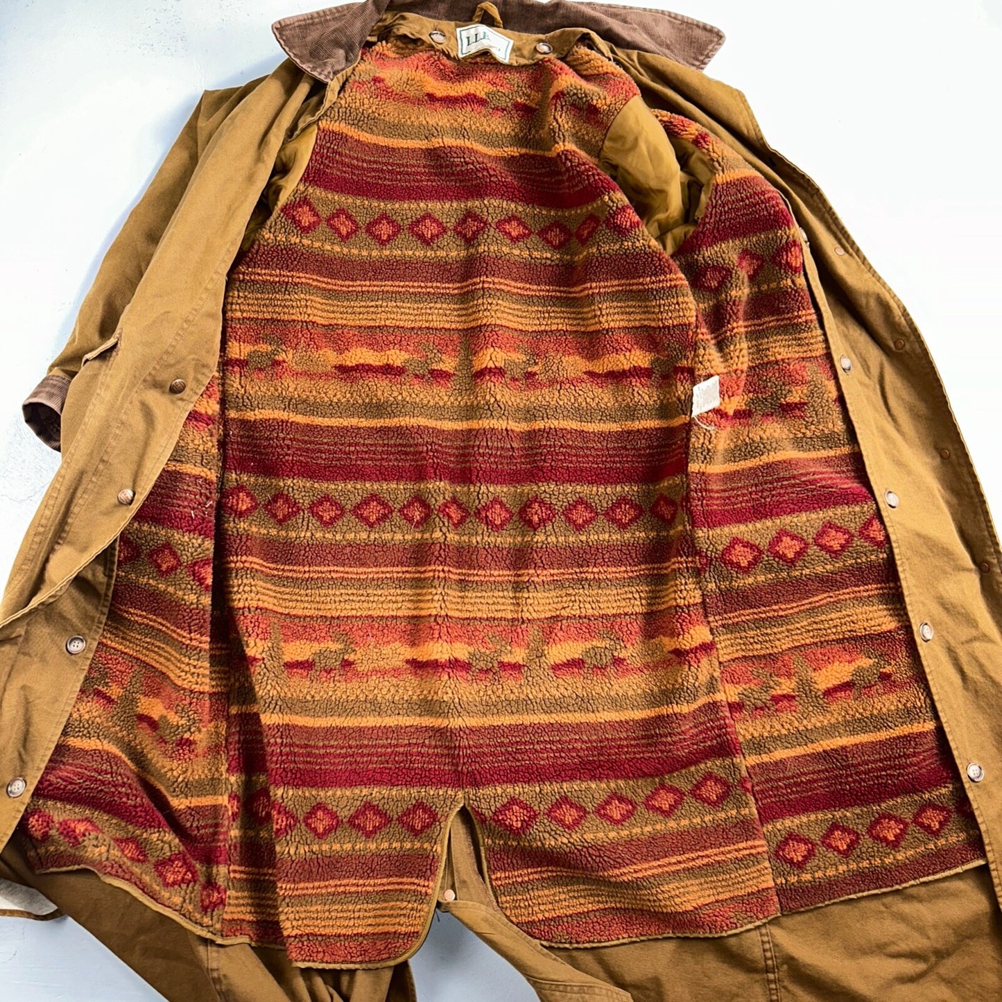 Vintage LL Bean Aztec Fleece Lined Womens Canvas Long Button Duster Coat M